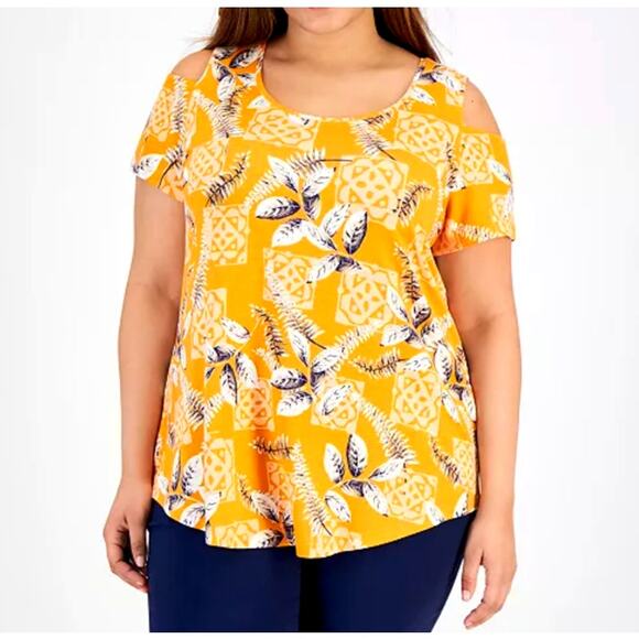 JM Collection Women's Plus Size 3X Tropical Maze Short Sleeve Cold-Shoulder Top - Picture 1 of 11